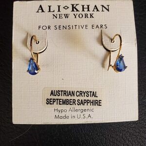 Ali Khan Earrings‎ Austrian Crystal Sapphire Blue Gold Tone Nickel Free Dainty